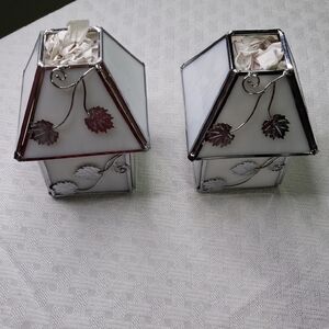 Pair White Stained Glass Votive Lanterns
